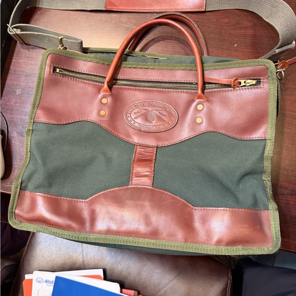 Orvis Battenkill Brown Leather and Green Canvas Briefcase
